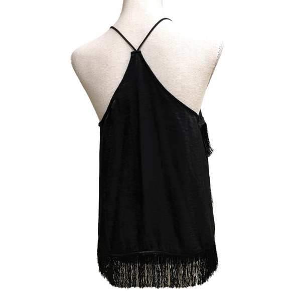 JOA Fringe & Satin Black Asymmetrical Racerback Halter Top Edgy Moto Sexy Size M - Picture 5 of 12
